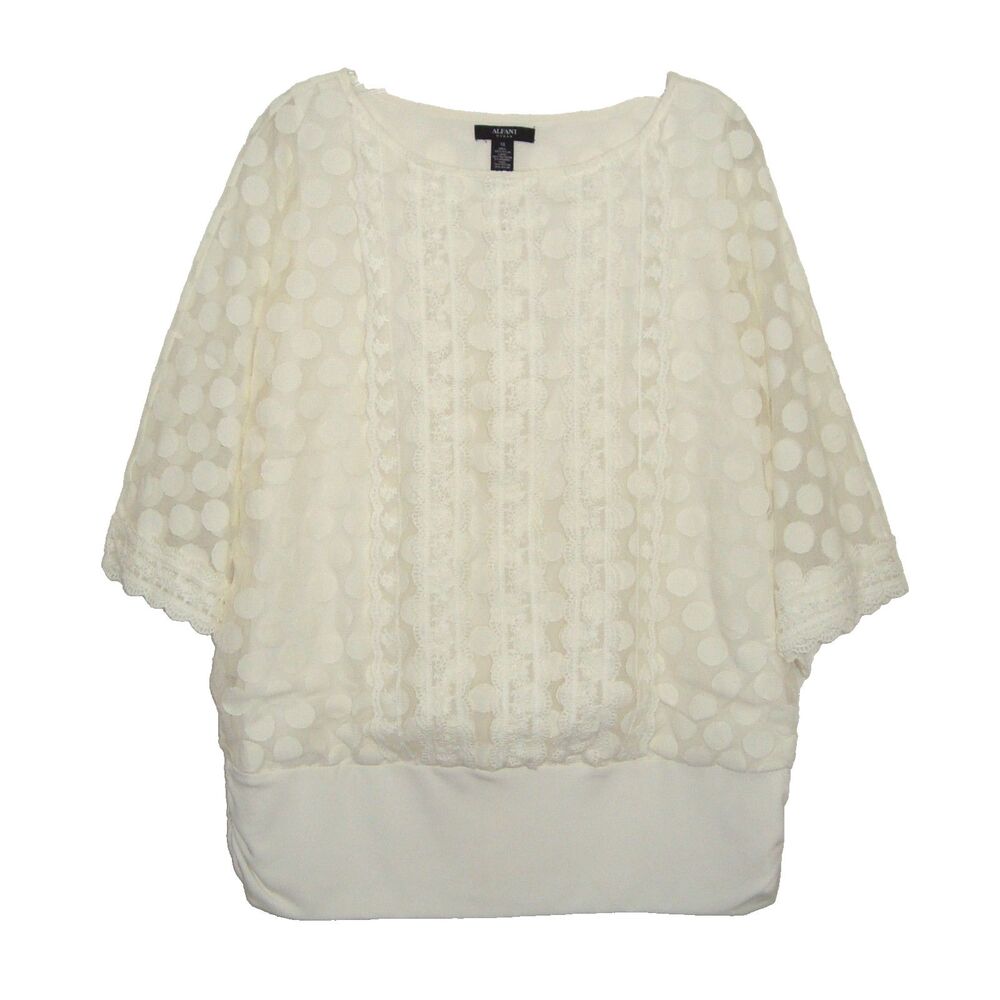 ALFANI Ivory Polka Dot Mesh Embroidered Lace Knit Lined Blouson Blouse